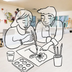 An artist's rendering of clients engaged in art therapy.