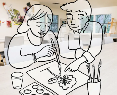 An artist's rendering of clients engaged in art therapy.