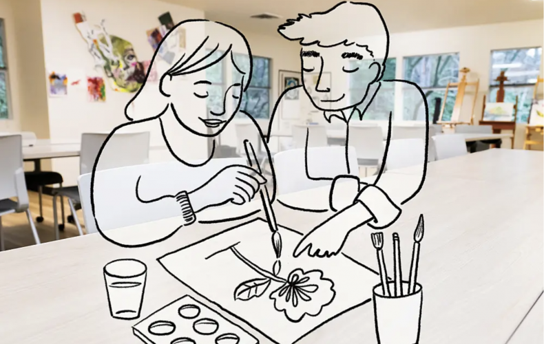An artist's rendering of clients engaged in art therapy.