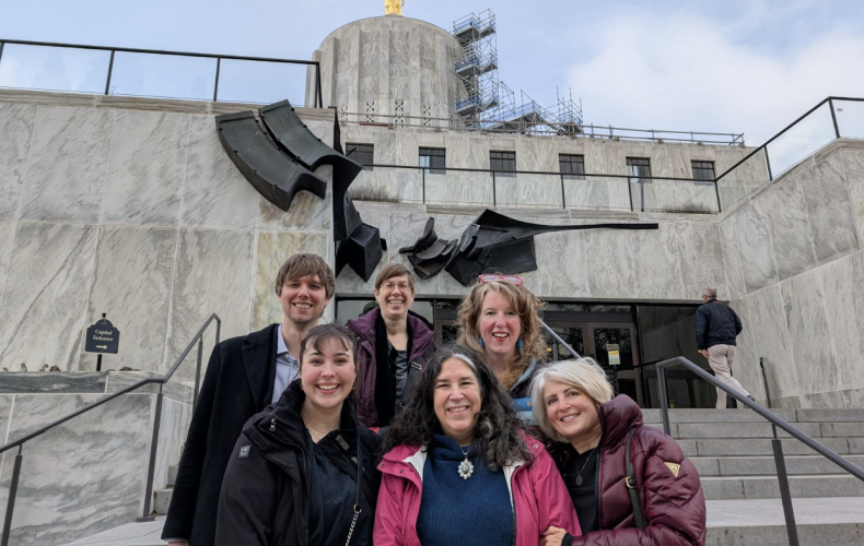 The HB3761 Lewis & Clark team stands outside Oregon's capital after a successful testimony.