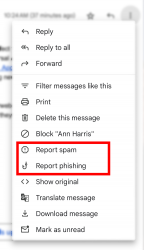 A dropdown with a red box around spam and phishing reports